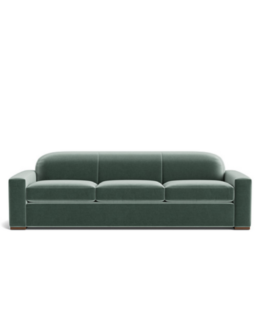 Green Grant Sofa - Three-Cushion Design with Minimalist Style and Slightly Rounded Back by Rue and Williams Home - Ideal for Any Modern Living Room or Lounge Area.  Custom Furniture made in Los Angeles, California.