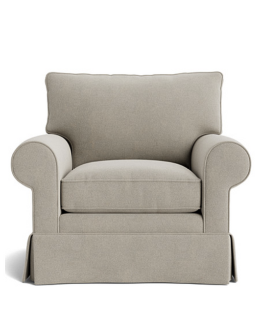 Crafted with timeless design and comfort in mind, the Khaki Rue Chair by Rue and Williams Home features a soft, pleated slipcover, and rounded arms with a square back.
