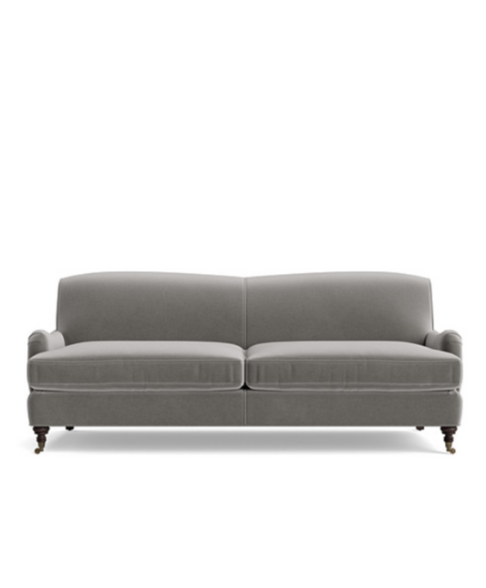 Taupe Spencer Sofa with Two Seats by Rue and Williams Home.  Tailored classic sofa with timeless, clean lines, English rolled arms, and turned legs. Can be customized as a sofa, loveseat, or chair. Upholstered in soft velvet.