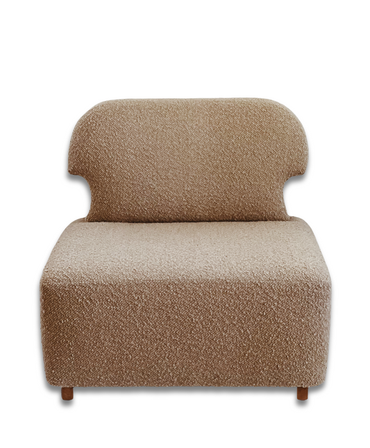 Dune-colored bouclé Meditation Chair by Rue and Williams Home. Modern design with no arms and a curved back, perfect for enhancing mindfulness practices and adding tranquility to any space.